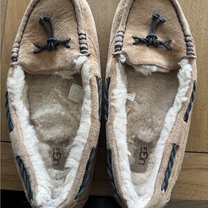 UGG Beige Moccasin Slippers with Black Detailing